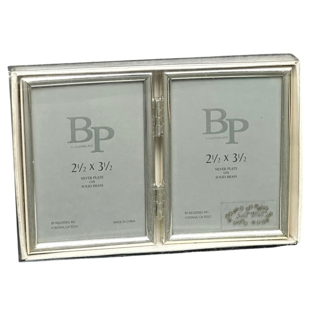 Vintage Mini Double Picture Frame 2.5x3.5 folding silver plate over solid brass